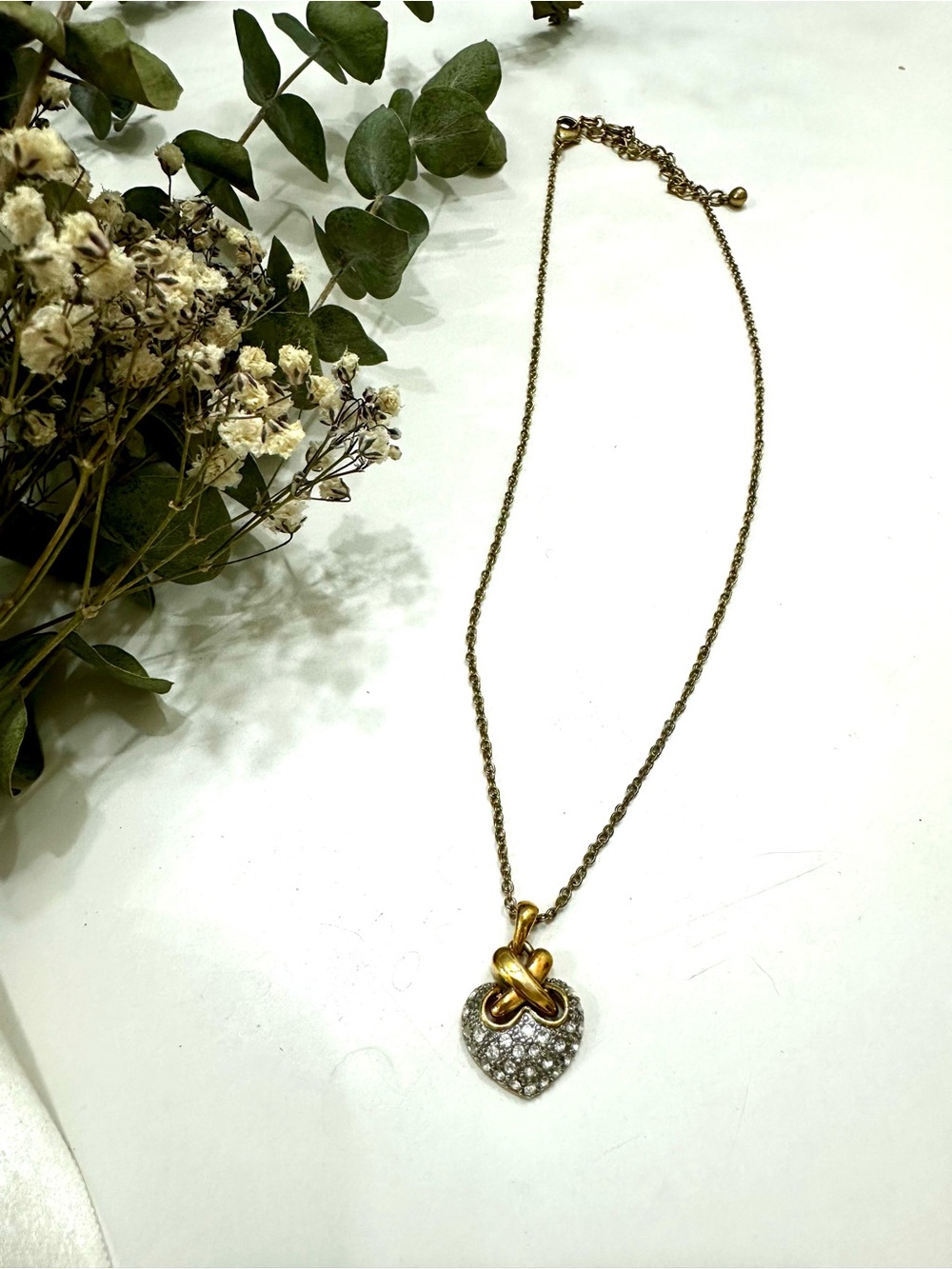 Avon Gold and Clear Crystal Heart Pendant Necklace